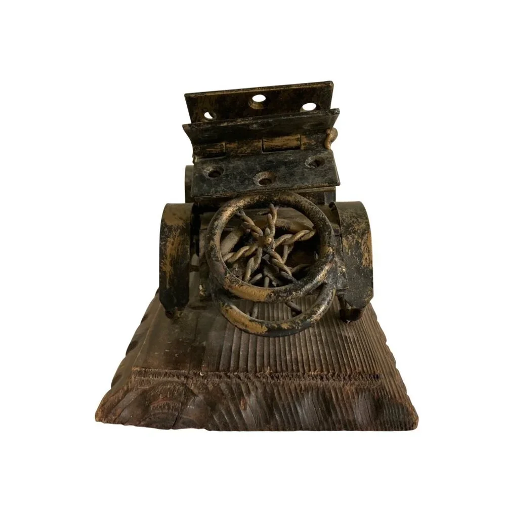 Vintage Chippy Rusty Metal Model Car Sculpture On Wooden Base Lobeco Spain